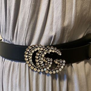 Crystal-Embellished Black Leather Belt with GG-Style Buckle- Gucci authentic